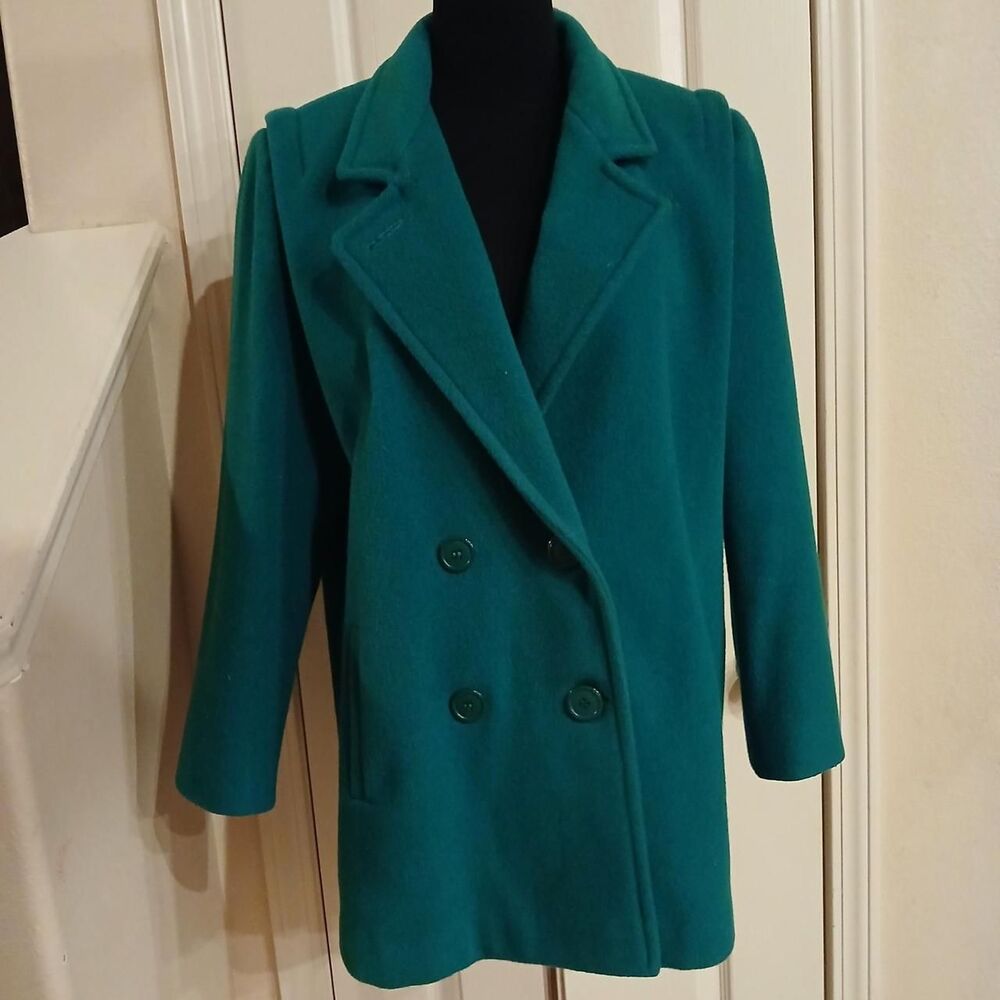 Vintage 80s/90s USA-made green double-breasted wool blend peacoat w shoulder pad